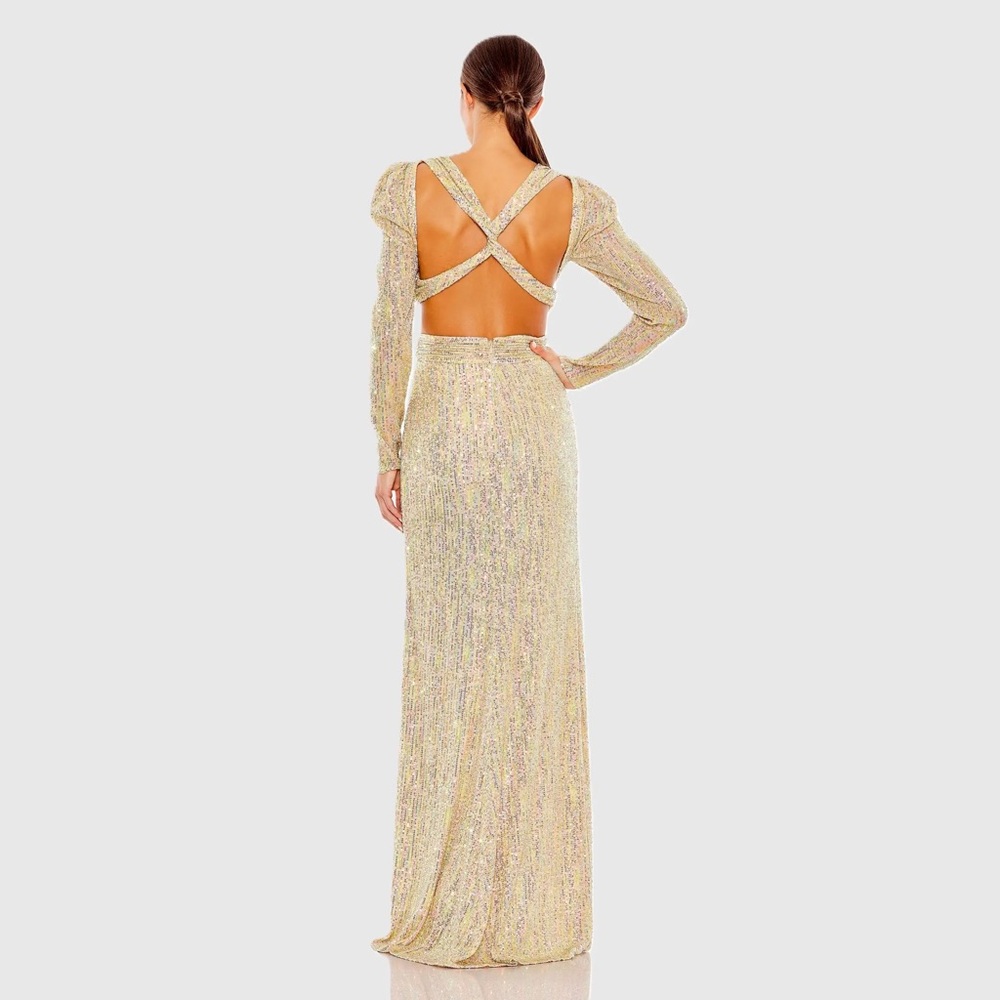 Gold Metallic Puff Sleeve Front Twist Cut Out Gown - Picture 3 of 5